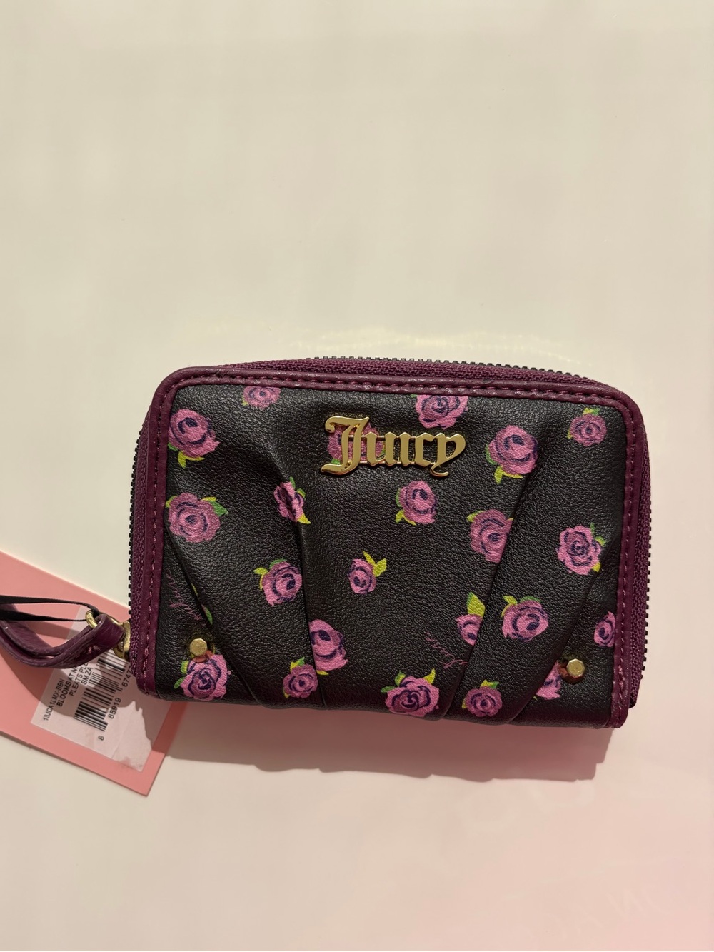 Juicy Couture Black Zip Wallet with Purple Rose Print